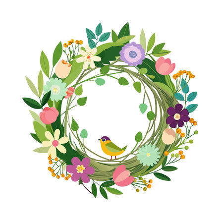 Floral Wreath with Bird Perched Inside, Decorative Springtime Illustration on White Backgroundのイラスト素材