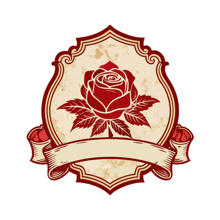 Elegant red rose emblem with decorative vintage banner for custom text placementのイラスト素材