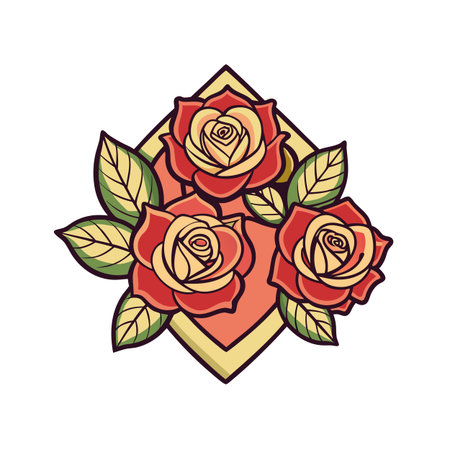 Vector Illustration of Three Roses with Leaves in Diamond Frame on White Backgroundのイラスト素材