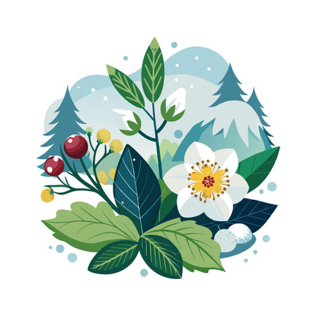 Winter Floral Vector Illustration with Evergreen Trees, Berries and Snowflakes for Christmas Cardのイラスト素材