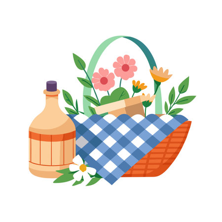 Delightful Picnic Basket with Wine and Flowers Ready for a Sunny Dayのイラスト素材