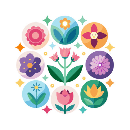 Geometric Flower Circle Illustration with Varied Blooms and Sparkling Accents on a White Backgroundのイラスト素材
