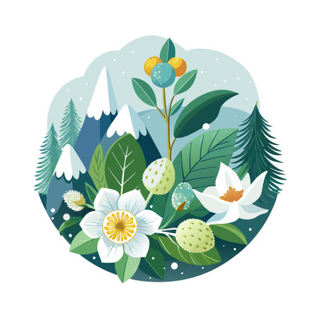 Floral landscape vector illustration with mountain backdrop, evergreen trees, and abstract yellow and teal fruitのイラスト素材