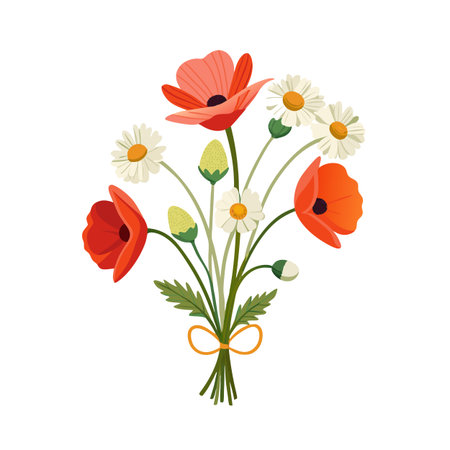 Whimsical bouquet of stylized poppies and daisies tied with an orange ribbonのイラスト素材