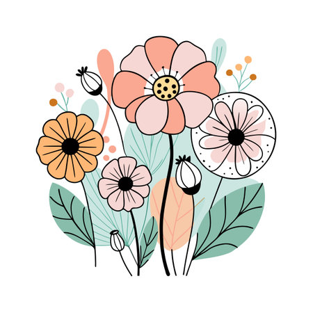 Stylized floral arrangement with pastel flowers and leaves on a white backgroundのイラスト素材
