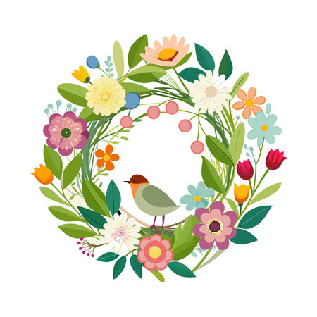 Floral Wreath with Bird Illustration, Springtime and Nature Concept, Flat Designのイラスト素材