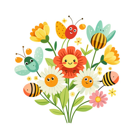 Cute Cartoon Flowers and Insects Arrangement on White Background for Springtime Designsのイラスト素材