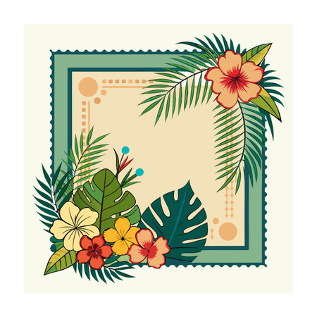 Tropical floral frame with vibrant flowers and green leaves for summer designsのイラスト素材