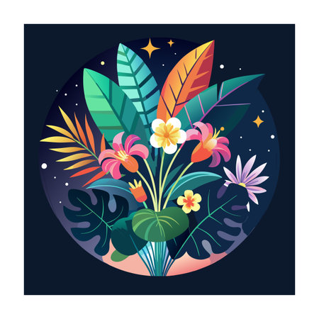 Tropical Flower Arrangement in a Circular Frame with Night Sky Backgroundのイラスト素材