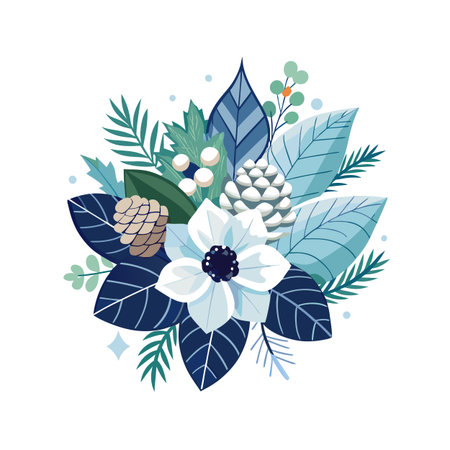 Winter Floral Arrangement with Anemone, Pinecones and Blue Foliage for Holiday Seasonのイラスト素材