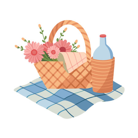 Charming Picnic Basket Scene with Flowers, Checkered Blanket, and a Water Bottleのイラスト素材