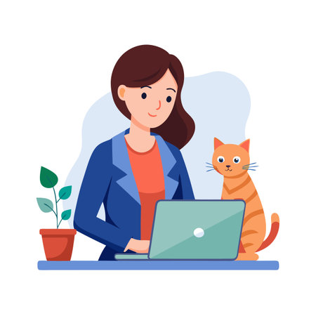 Illustration of a woman working at a laptop with a cat, featuring a plantのイラスト素材