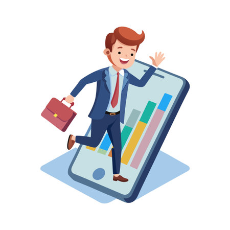 Cheerful Businessman Leveraging Mobile Technology for Success and Business Growth, Illustrated Flat Styleのイラスト素材