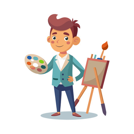 Cartoon artist with palette and easel in a bright and cheerful illustrative styleのイラスト素材