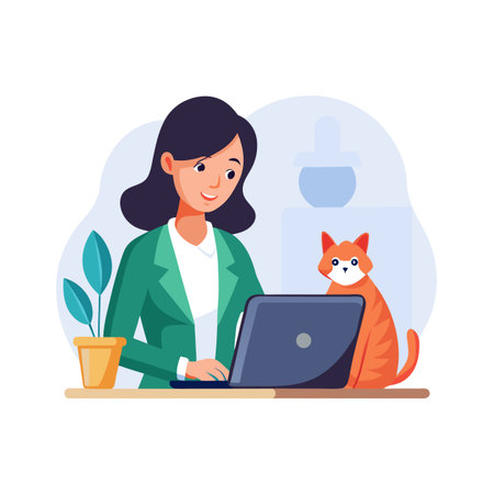 Young Woman Working on Laptop with her Orange Cat Beside, Indoor Office Spaceのイラスト素材