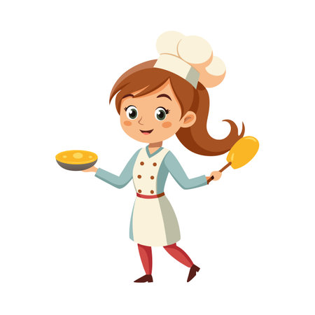 Cartoon chef girl holding frying pan and spatula, culinary illustration for childrenのイラスト素材