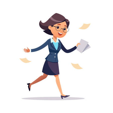 Energetic Businesswoman Running with Papers, Demonstrating Success and Urgency in a Flat Cartoon Styleのイラスト素材