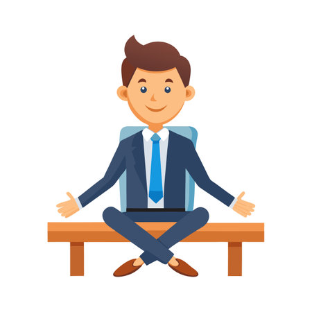 Cartoon businessman meditating on a desk in a cross-legged position for stress managementのイラスト素材