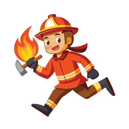 Cartoon firefighter running with axe and flames isolated on a white backgroundのイラスト素材