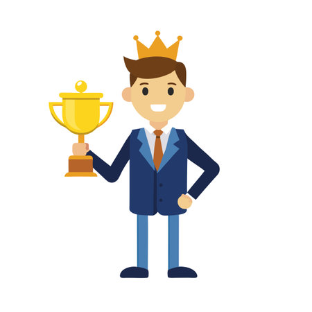 Cartoon Businessman with Crown Holding Trophy Symbolizing Success and Achievementのイラスト素材