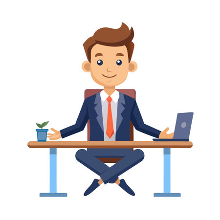 Cartoon businessman in a suit sitting cross-legged at his desk with laptop and plantのイラスト素材