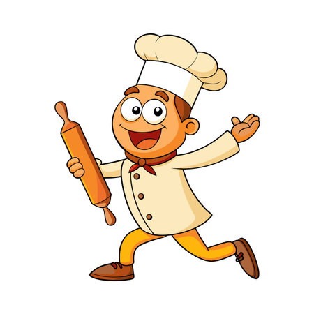 Cartoon chef running with a rolling pin, illustration for culinary themes and food-related designsのイラスト素材