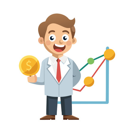 Cartoon Businessman Holding Gold Dollar Coin with Financial Chart Showing Progressのイラスト素材