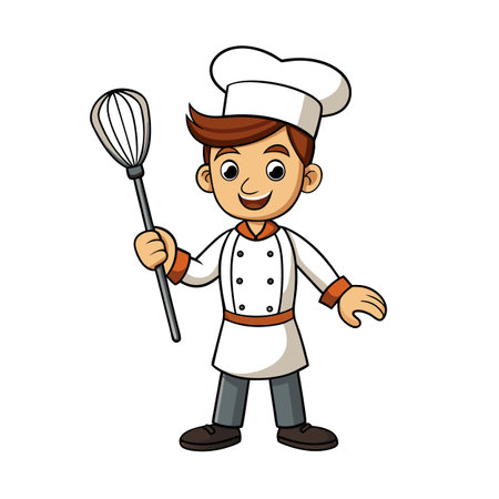 Cartoon Chef Character Holding Whisk Isolated on White Background for Culinary Conceptsのイラスト素材