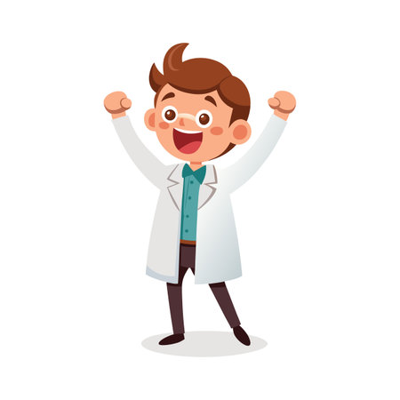 Happy cartoon doctor cheering with arms raised in a white lab coat illustrationのイラスト素材