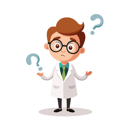 Confused Cartoon Scientist with Question Marks Isolated on White Backgroundのイラスト素材