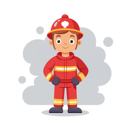 Cartoon firefighter standing proudly with hands on hips, smoke backgroundのイラスト素材