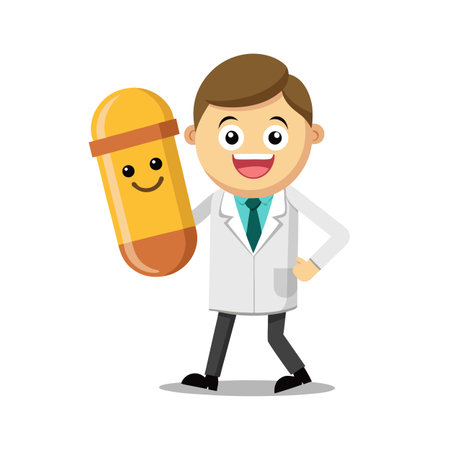 Cartoon Doctor Holding a Happy Pill Capsule, Health and Medicine Conceptのイラスト素材
