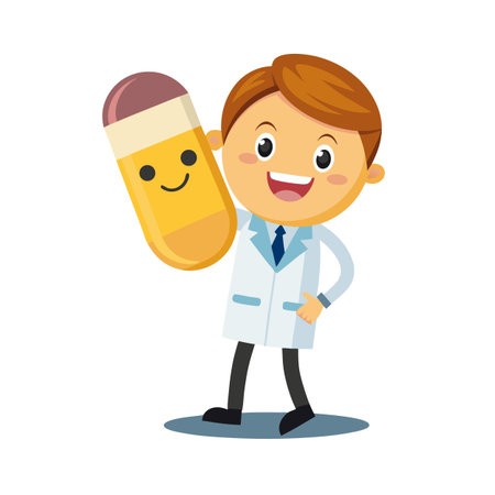 Happy doctor with a smiling pill cartoon character illustration for healthcare conceptsのイラスト素材