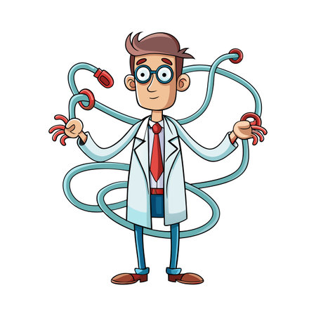Cartoon scientist with complicated tubing, playful and colorful design element, isolated on whiteのイラスト素材