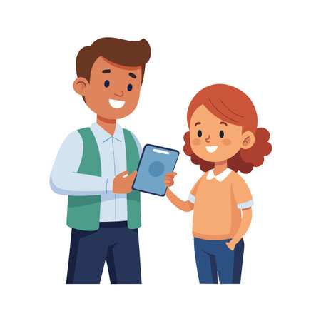 Friendly Cartoon Characters Sharing a Tablet Device with Positive Facial Expressionsのイラスト素材