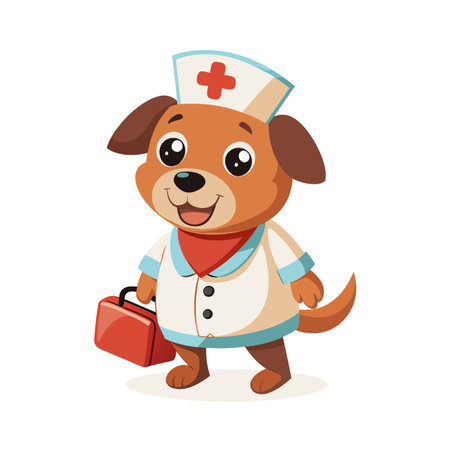 Cartoon dog dressed as a nurse with a medical bag on white backgroundのイラスト素材