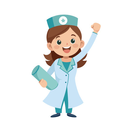 Cheerful Cartoon Nurse Celebrating, Holding Medical Chart, Isolated on White Background for Healthcare Promotionのイラスト素材