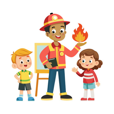 Fire safety awareness presented by a friendly firefighter to a small group of childrenのイラスト素材