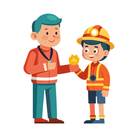Mentor giving an award to a child dressed as a firefighter illustrationのイラスト素材