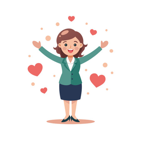 Enthusiastic Businesswoman Surrounded by Hearts Flat Vector Illustration for Marketing and Promotionsのイラスト素材