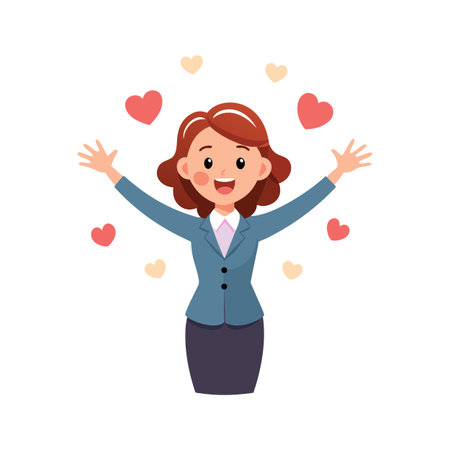 Happy businesswoman with hearts floating around her expressing joy and love in a flat designのイラスト素材