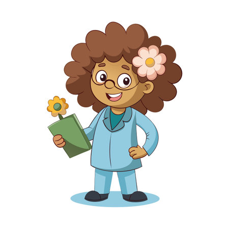 Cheerful Cartoon Girl Holding a Flower, in a Blue Outfit with Brown Hairのイラスト素材