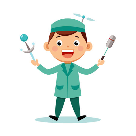 Happy Cartoon Doctor Boy Holding Tools in Flat Vector Illustration on White Backgroundのイラスト素材