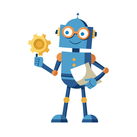 Friendly Cartoon Robot Holding a Gear and Document on White Backgroundのイラスト素材
