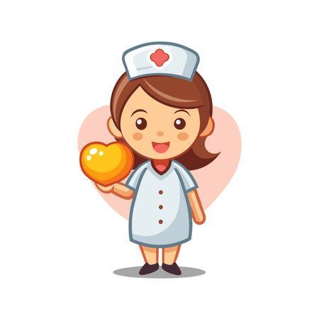 Cartoon Nurse Holding Golden Heart Symbolizing Care and Affection, Perfect for Medical and Healthcare Conceptsのイラスト素材