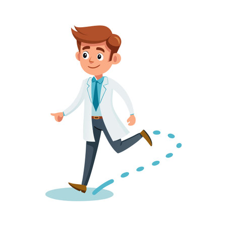 Cartoon doctor hurrying with footprints of water behind him on a white backgroundのイラスト素材