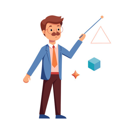Cartoon teacher explains geometric shapes with a pointer on a white isolated backgroundのイラスト素材