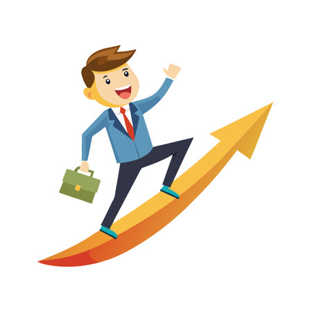 Cartoon Businessman Climbing Arrow Symbolizing Growth and Success in Businessのイラスト素材
