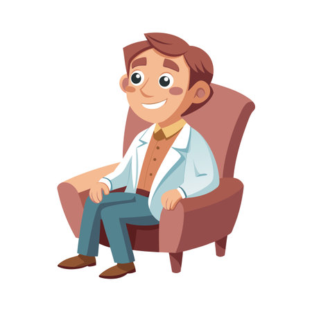 Cartoon man sitting comfortably in an armchair, wearing a white coat and smilingのイラスト素材