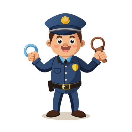 Cartoon policeman holding handcuffs and a key on a white background for conceptsのイラスト素材